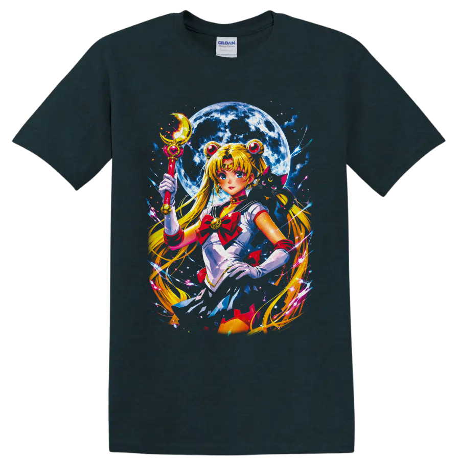 Usagi Tsukino Sailor Moon anime art with crescent wand, full moon, and stars on a Midnight (Green) T Shirt