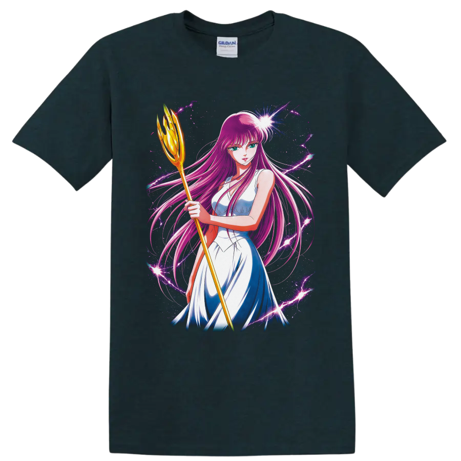 Saori Kido as Athena with golden staff amid cosmic purple lightning on a Midnight (Green) T Shirt