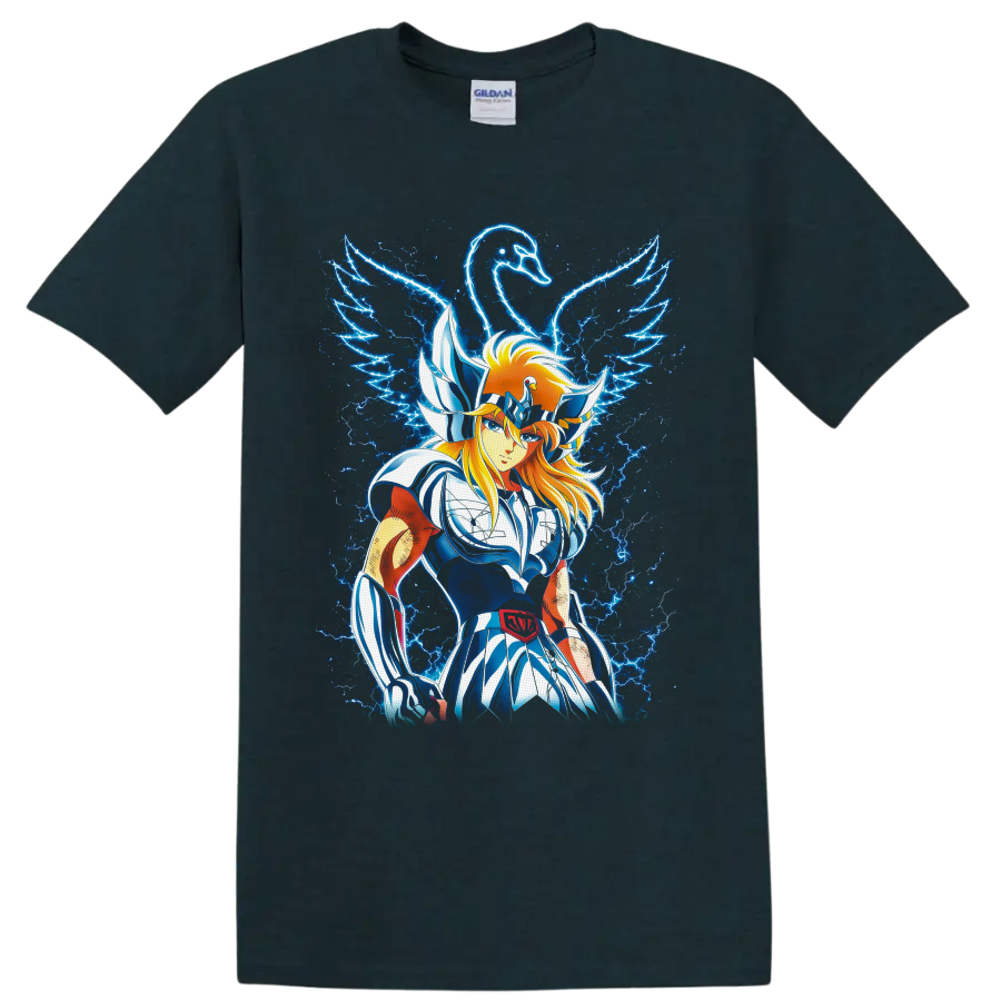 Cygnus Hyoga in swan armor with a glowing swan and electric blue lightning on a Midnight (Green) T Shirt