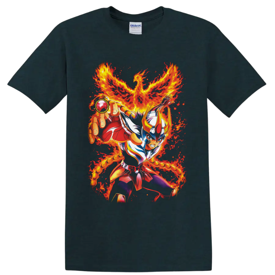 Phoenix Ikki armored warrior with a blazing fire phoenix in vivid anime art on a Midnight (Green) T Shirt