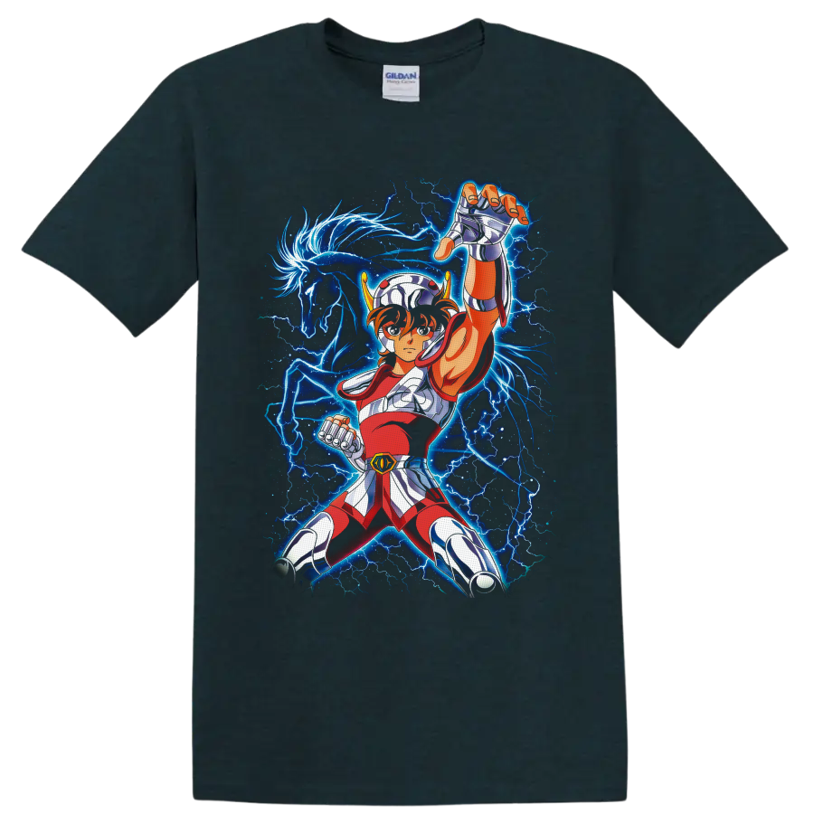 Pegasus Seiya in silver armor with blue lightning and glowing winged horse artwork on a Midnight (Green) T Shirt