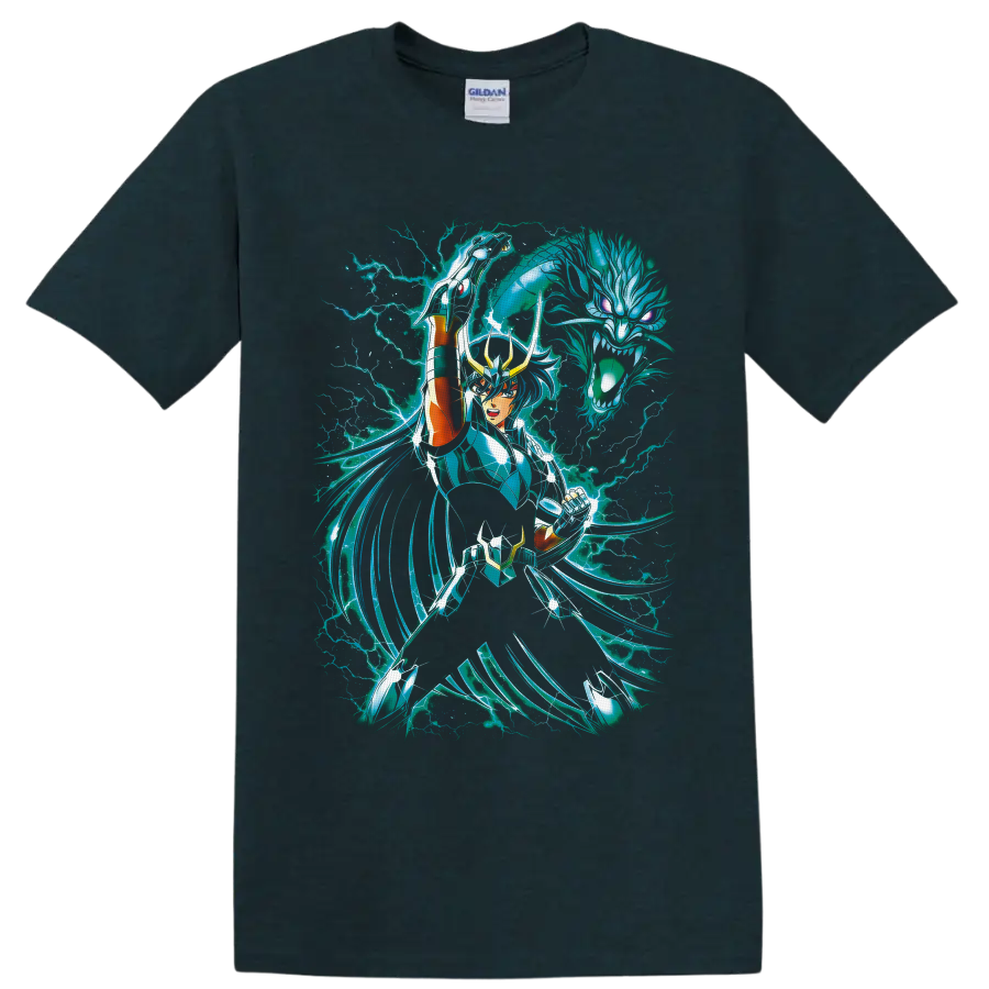 Dragon Shiryu in teal armor with spectral dragon and cyan lightning on a Midnight (Green) T Shirt