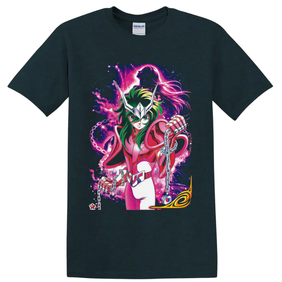 Andromeda Shun in pink armor with chains amid neon cosmic anime art on a Midnight (Green) T Shirt