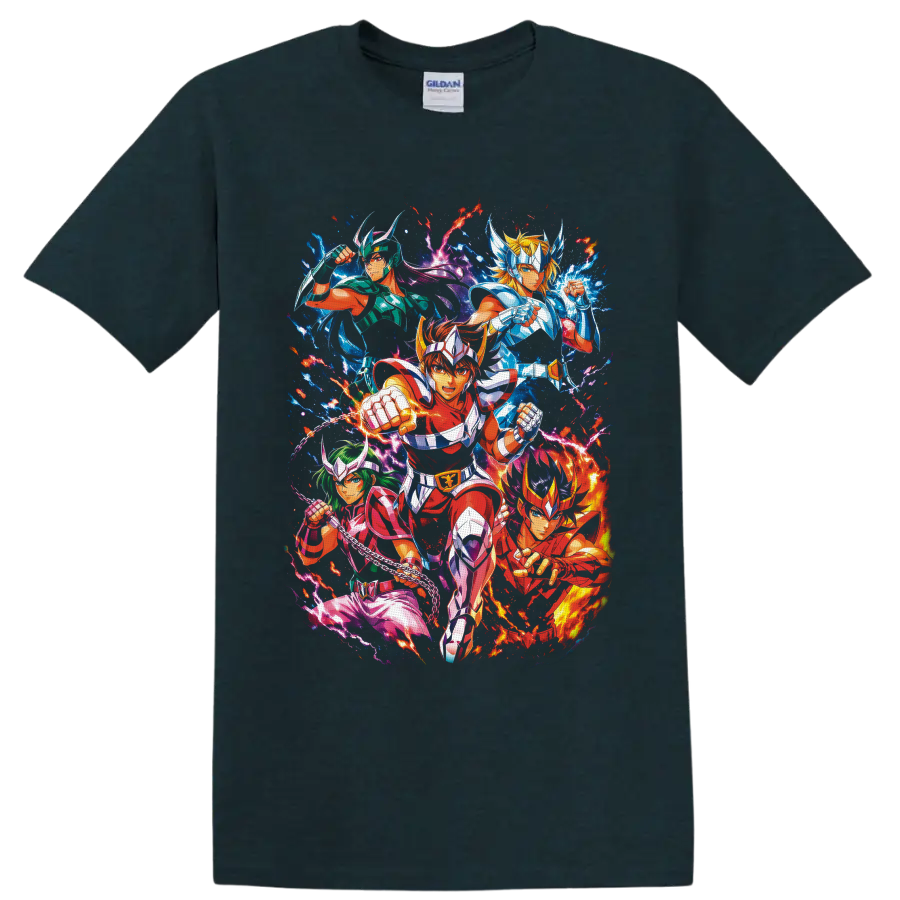Pegasus Seiya and Bronze Saints in vibrant cosmic anime battle artwork on a Midnight (Green) T Shirt