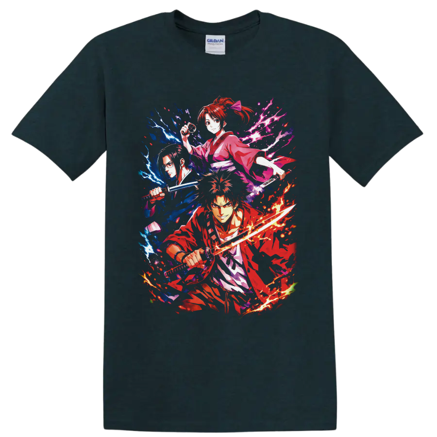 Gintoki Sakata anime sword fighter graphic with lightning, flames, and petals on a Midnight (Green) T Shirt