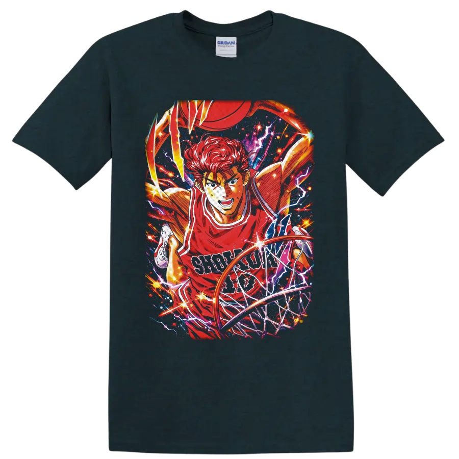 Hanamichi Sakuragi basketball anime art driving to the hoop with lightning and stars on a Midnight (Green) T Shirt