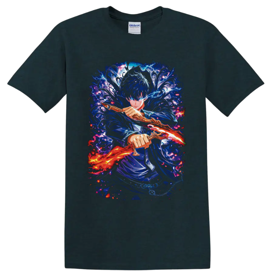 Sung Jin-Woo Solo Leveling anime warrior with glowing sword and blue lightning on a Midnight (Green) T Shirt