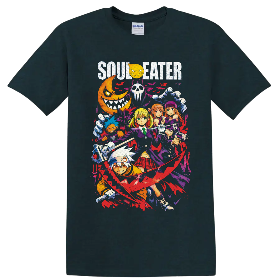 Soul Eater Maka Albarn and character collage with bats, scythe, moon, and gothic splatter on a Midnight (Green) T Shirt