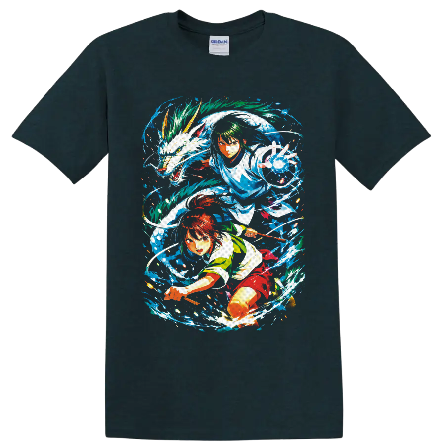 Shin and Lu Xiaotang anime crossover with white dragon and swirling blue water on a Midnight (Green) T Shirt