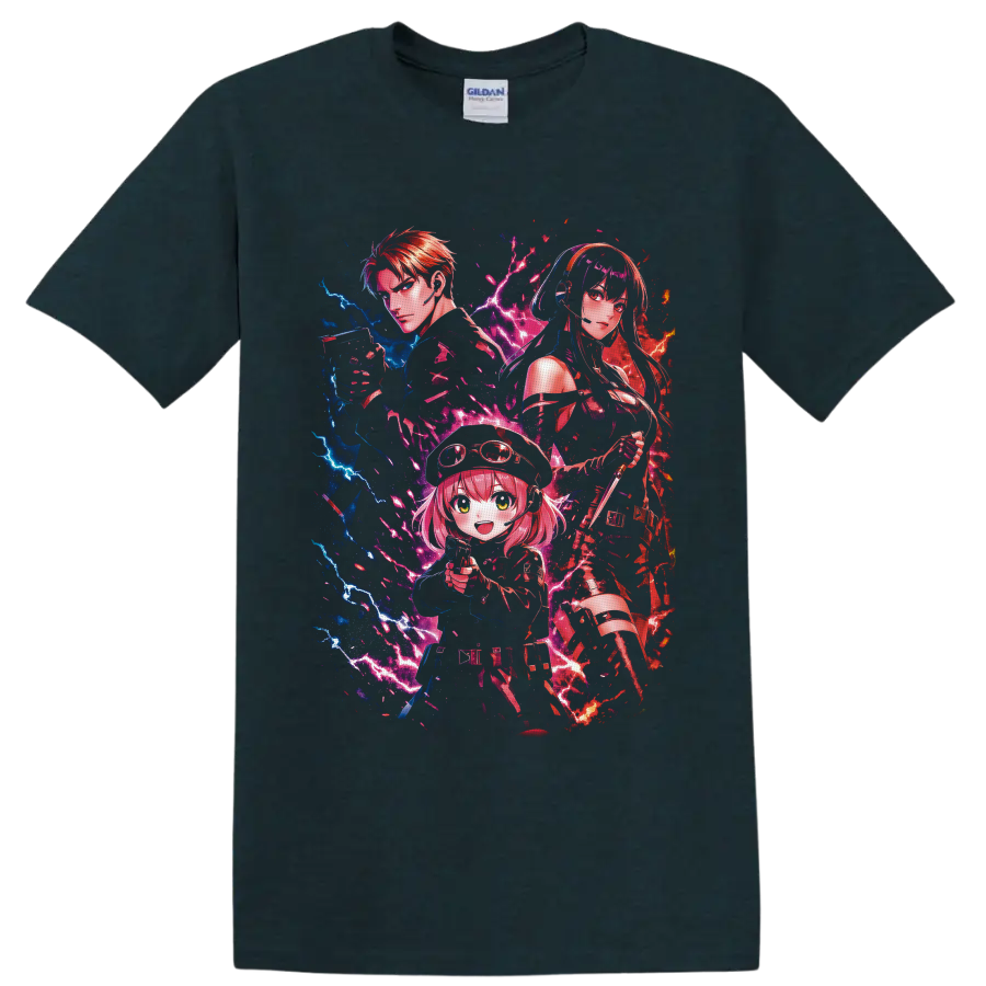 Spy x Family Loid, Yor, and Anya anime art with neon lightning and colorful splashes on a Midnight (Green) T Shirt