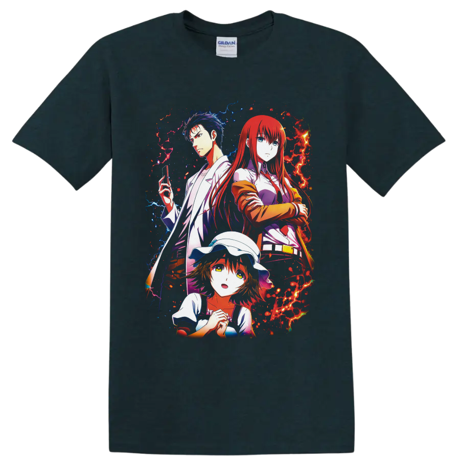 Steins;Gate Rintaro, Kurisu, and Mayuri anime art with red and blue energy on a Midnight (Green) T Shirt
