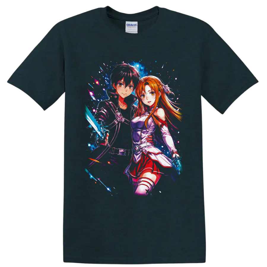 Kirito and Asuna Yuuki anime art with glowing swords and cosmic blue effects on a Midnight (Green) T Shirt