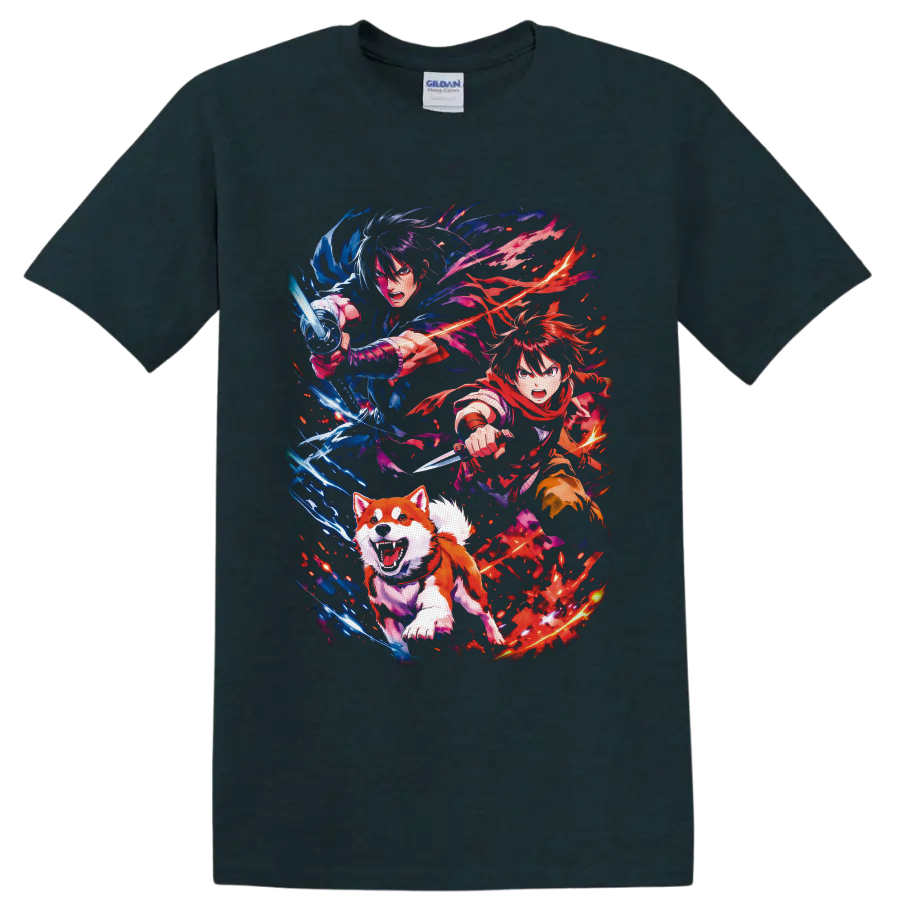 Ginga Nagareboshi Gin anime warriors and charging dog with blue and red energy on a Midnight (Green) T Shirt