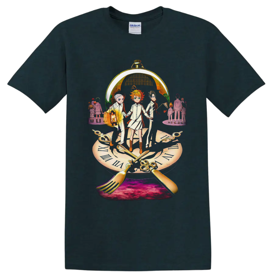 Emma, Norman and Ray beneath a golden pocket watch in dramatic anime clock art on a Midnight (Green) T Shirt