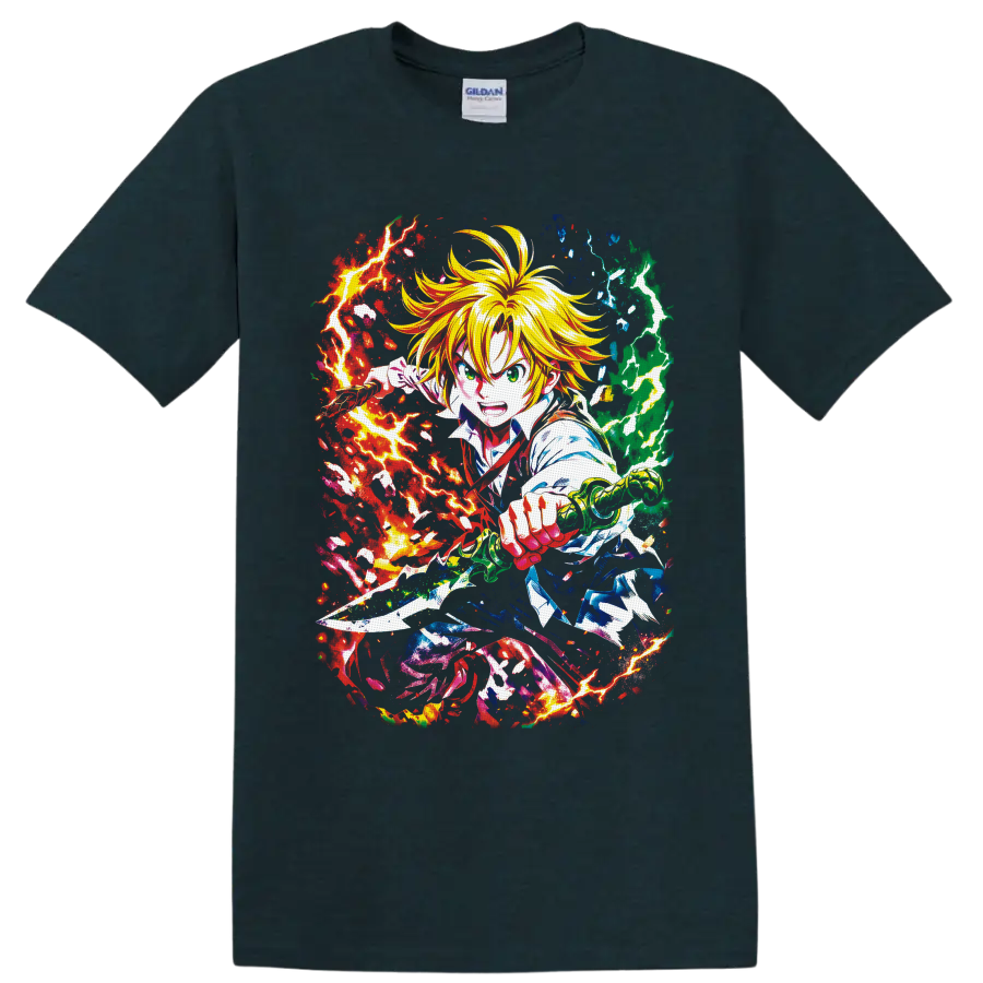 Meliodas with sword amid red, green, and blue lightning in dynamic anime battle art on a Midnight (Green) T Shirt