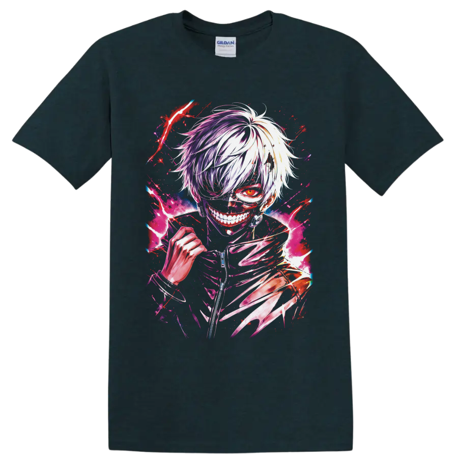 Ken Kaneki Tokyo Ghoul anime portrait with red eye, masked grin, and kagune claws on a Midnight (Green) T Shirt