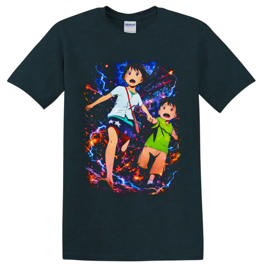 Mirai and Yuuki anime disaster scene with lightning, sparks, and a damaged city on a Midnight (Green) T Shirt