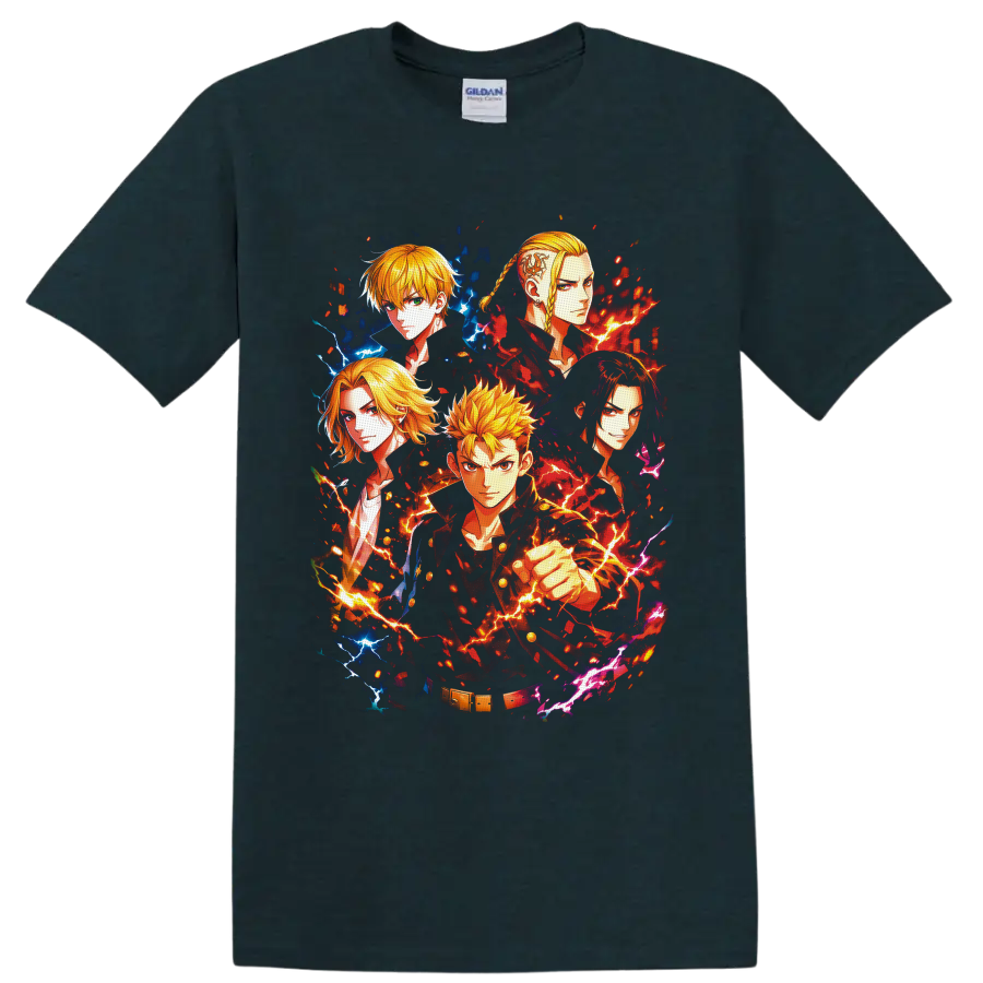 Tokyo Revengers character collage with Takemichi, Mikey, Draken, and fiery lightning on a Midnight (Green) T Shirt
