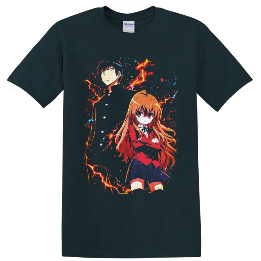 Taiga Aisaka and Ryuji Takasu anime art with red and blue lightning on a Midnight (Green) T Shirt