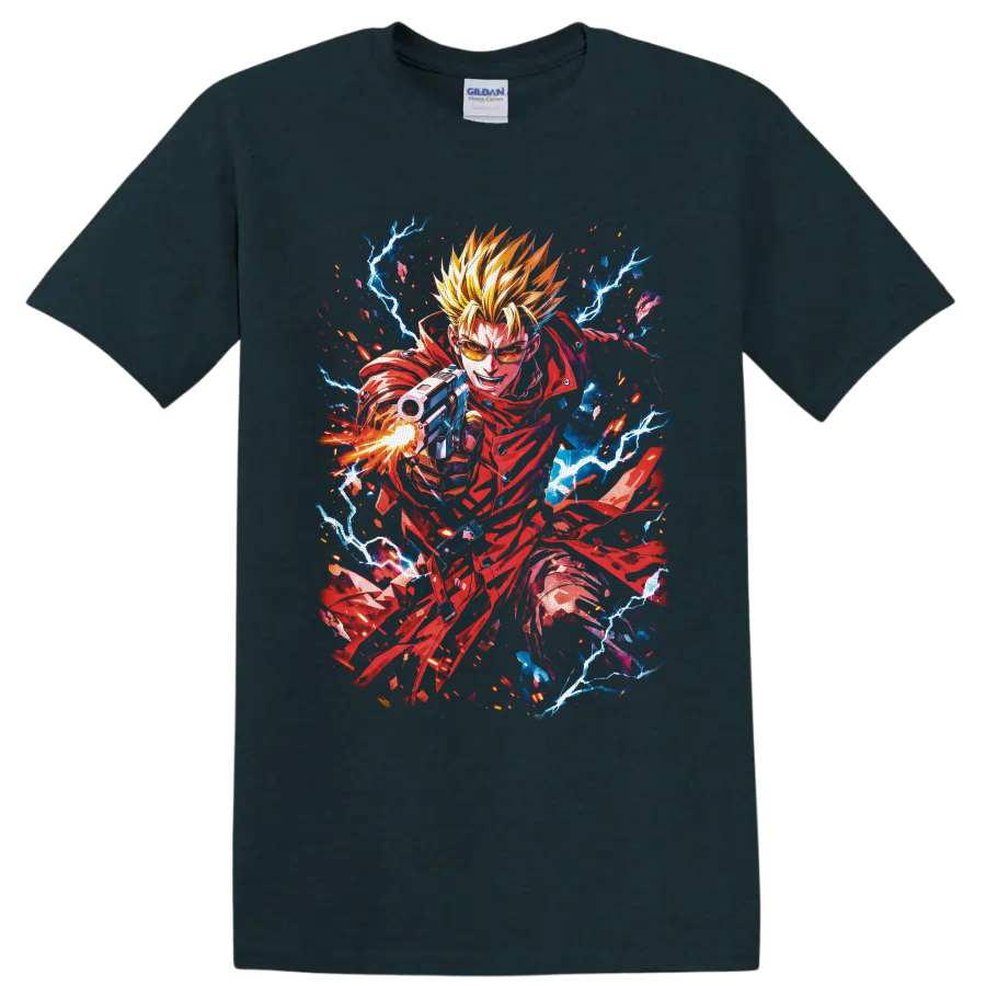Vash the Stampede in red coat with gunfire, lightning, and vivid anime action art on a Midnight (Green) T Shirt