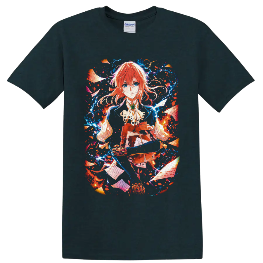 Violet Evergarden anime portrait with floating letters, petals, and glowing blue energy on a Midnight (Green) T Shirt