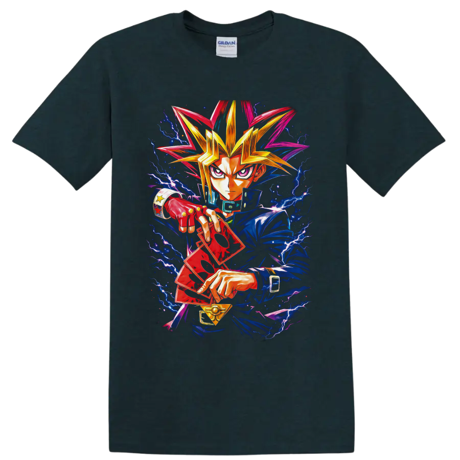 Yami Yugi with red duel cards, golden pendant, and electric lightning anime art on a Midnight (Green) T Shirt