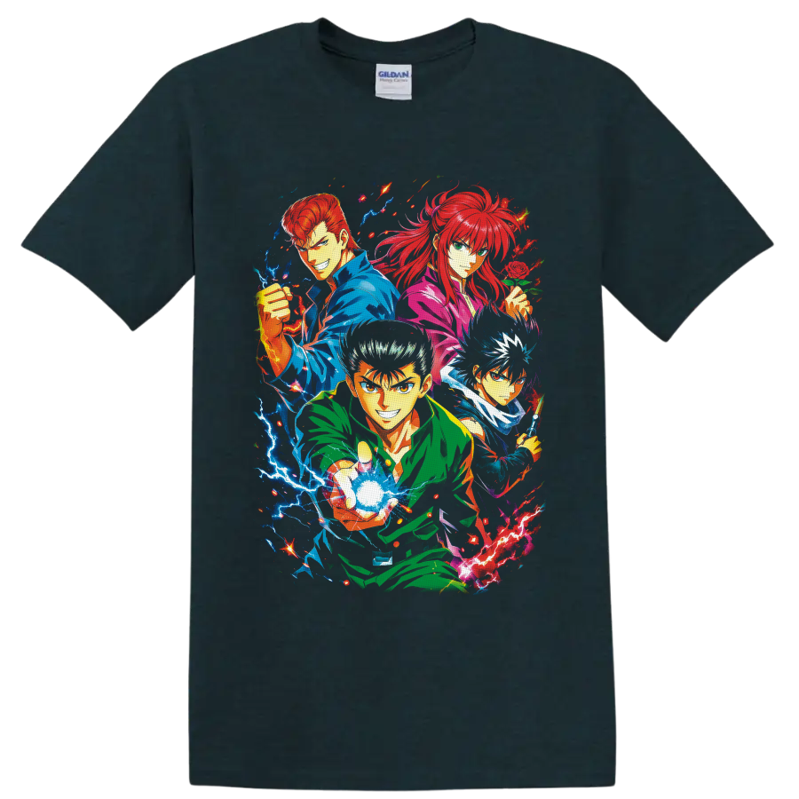 YuYu Hakusho team anime collage with Yusuke, Kuwabara, Kurama, Hiei and electric energy on a Midnight (Green) T Shirt