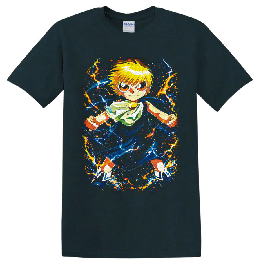 Zatch Bell anime hero surrounded by blue energy ribbons and orange lightning on a Midnight (Green) T Shirt