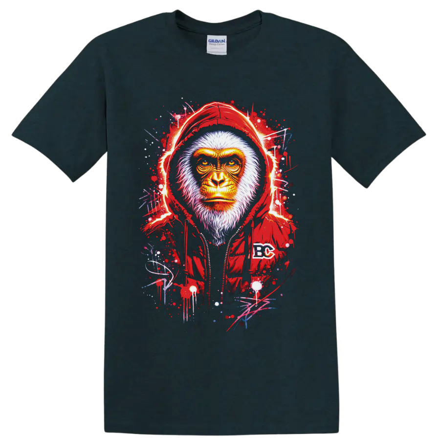 Fierce hooded gorilla portrait with paint splatters and graffiti-style strokes on a Midnight (Green) T Shirt