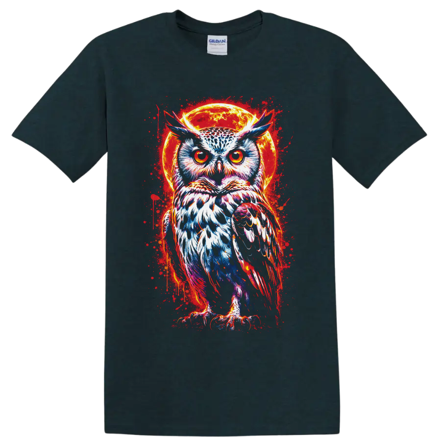 Neon owl with fiery eyes before a glowing moon in vivid gothic splatter art on a Midnight (Green) T Shirt