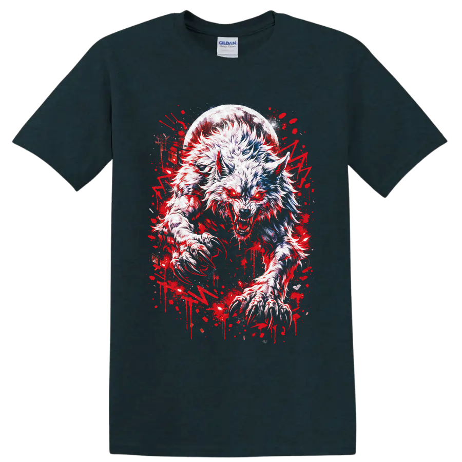 Snarling werewolf beneath a full moon in red splatter gothic horror art on a Midnight (Green) T Shirt