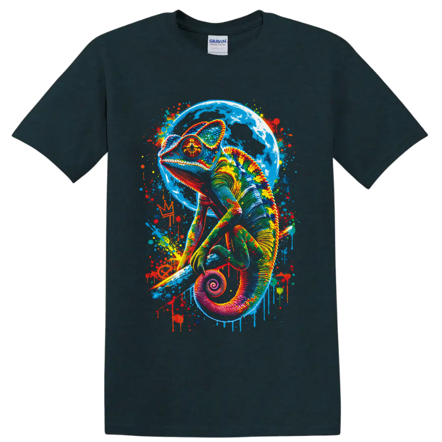 Colorful chameleon with blue moon backdrop and vibrant paint-splatter graffiti art on a Midnight (Green) T Shirt