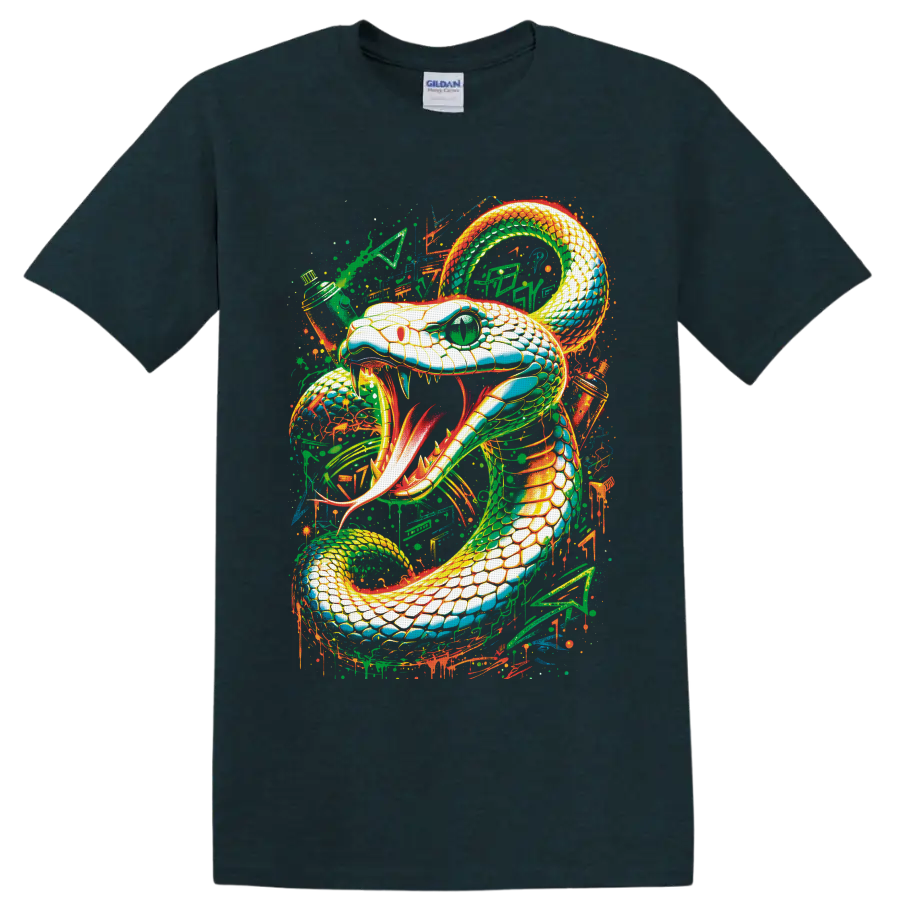 Neon graffiti-style coiled cobra with fangs, green eye, and paint splatters on a Midnight (Green) T Shirt