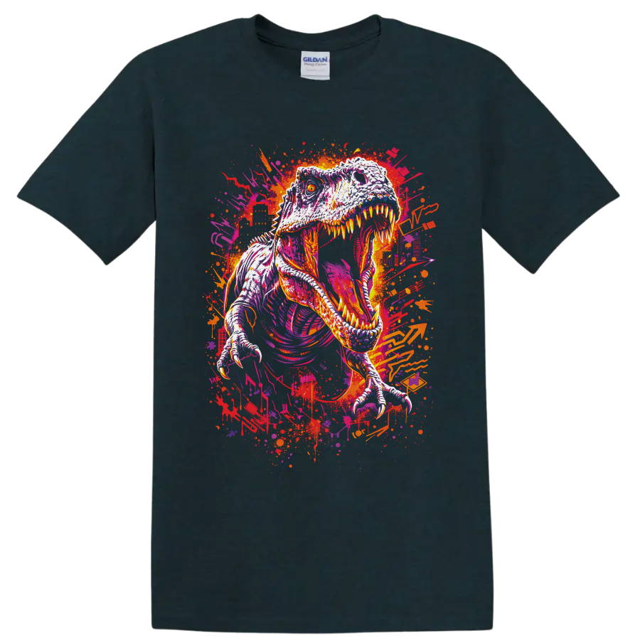 Roaring Tyrannosaurus rex in neon graffiti art with paint splatters on a Midnight (Green) T Shirt
