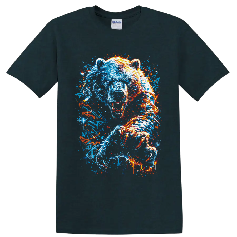 Roaring polar bear with neon blue and orange graffiti-style claws on a Midnight (Green) T Shirt