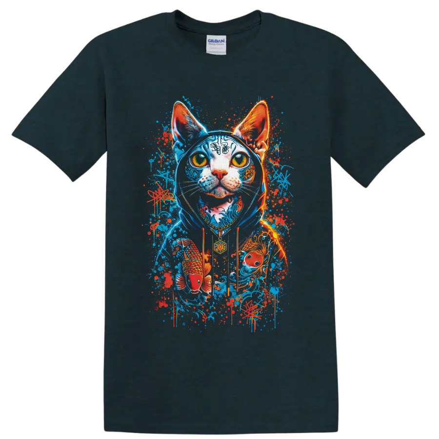 Neon graffiti hairless cat portrait with koi fish, waves, and paint splatters on a Midnight (Green) T Shirt