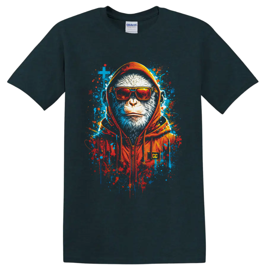 Monkey in red sunglasses and orange headphones with blue and red graffiti splatters on a Midnight (Green) T Shirt