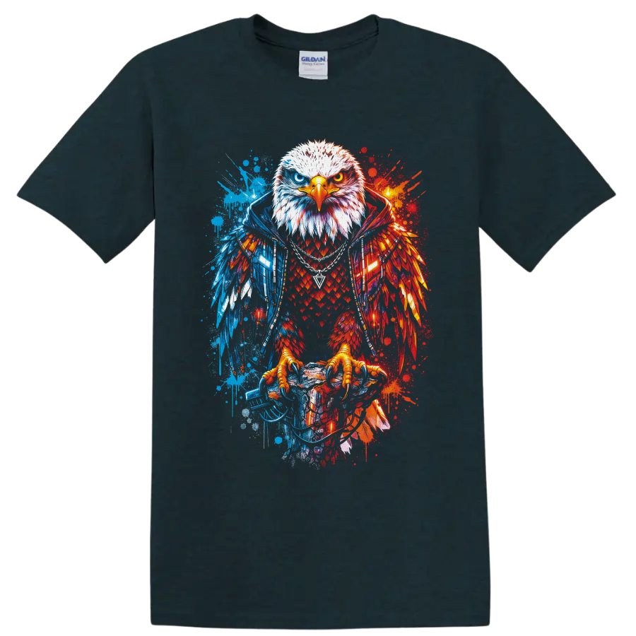 Fierce bald eagle with split red and blue graffiti splatter wings on a Midnight (Green) T Shirt