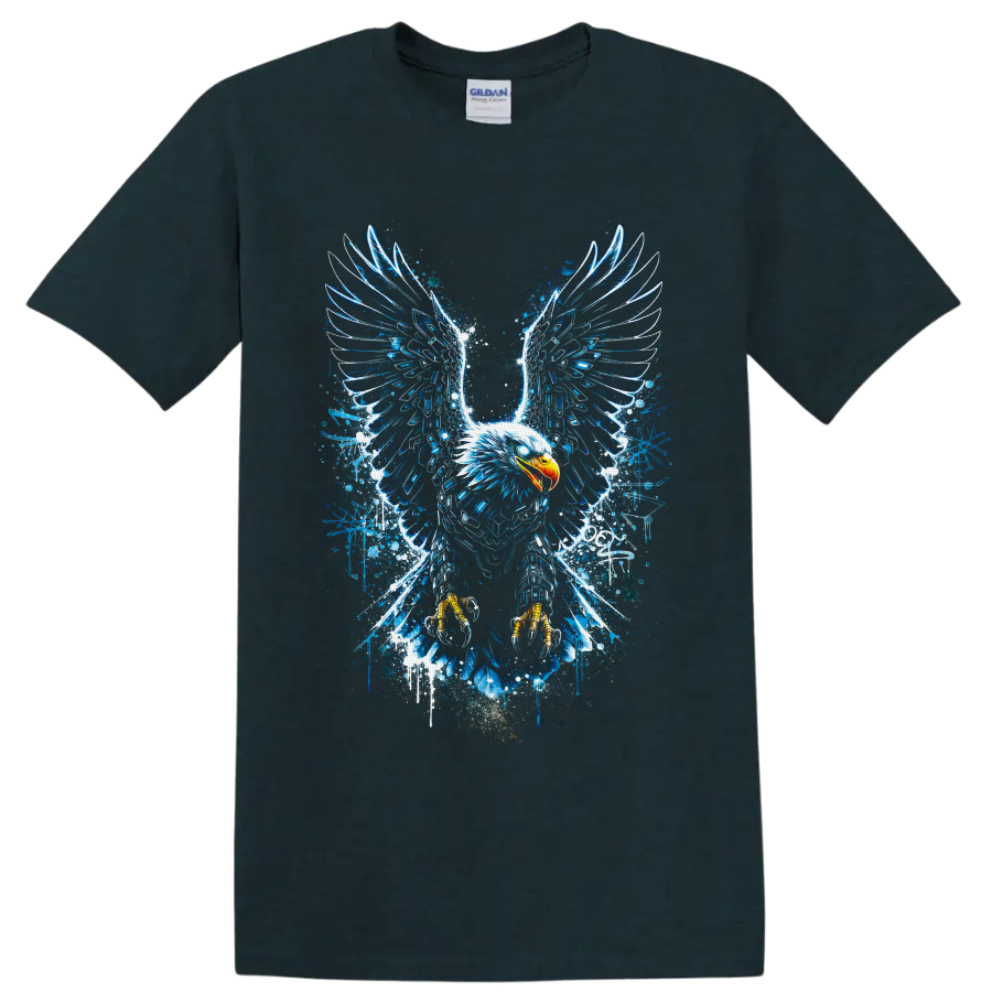 Bald eagle with electric blue grunge wings, splatters, and golden talons on a Midnight (Green) T Shirt