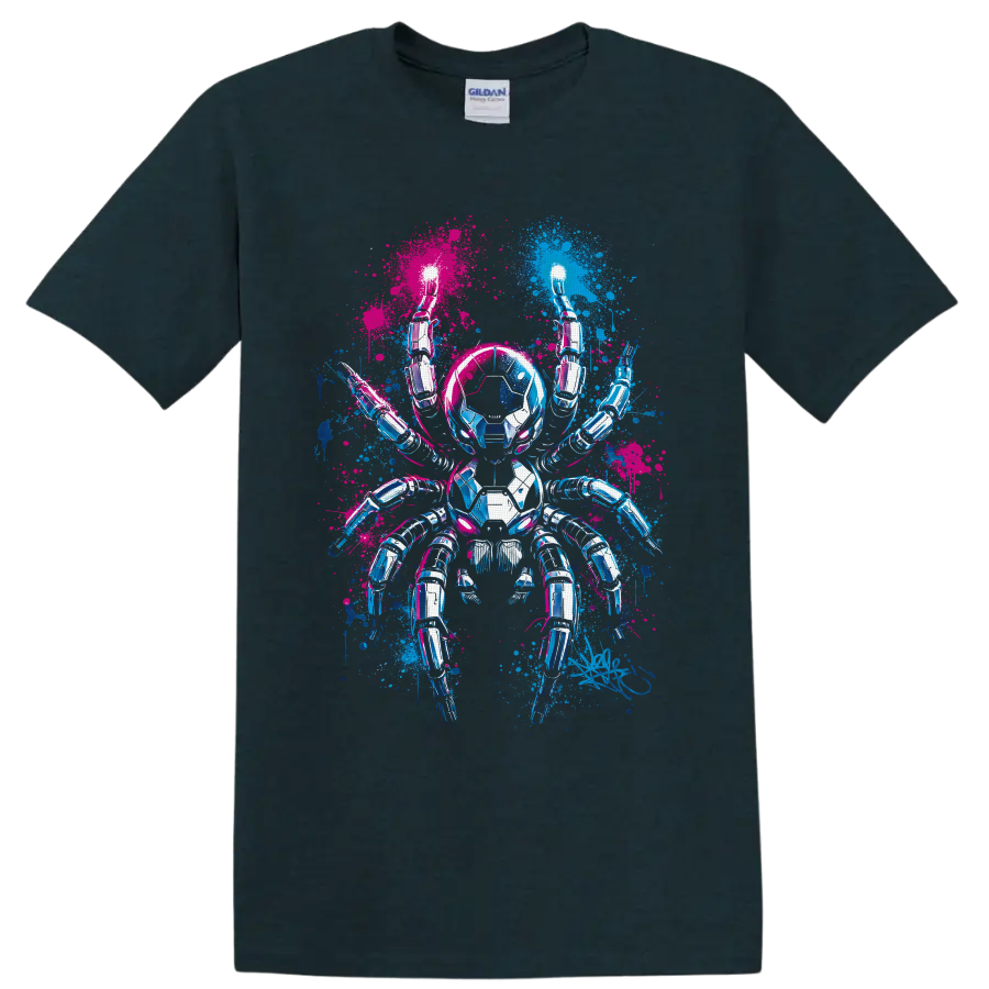 Chrome cyberpunk robotic spider with electric blue and hot pink paint splashes on a Midnight (Green) T Shirt
