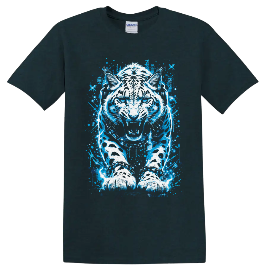 White tiger in headphones with neon blue graffiti-style splatter artwork on a Midnight (Green) T Shirt