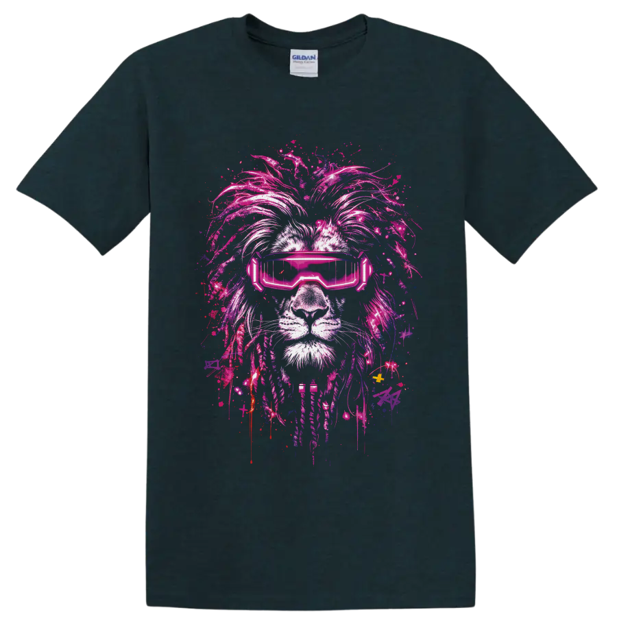 Cyberpunk lion portrait with neon pink visor and paint-splattered graffiti mane on a Midnight (Green) T Shirt