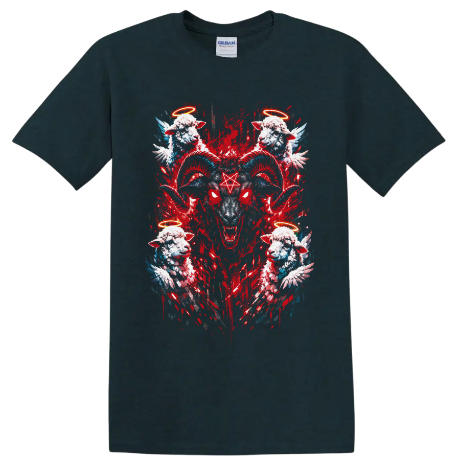 Gothic horned ram with pentagram, angel lambs, halos, wings, and red grunge art on a Midnight (Green) T Shirt