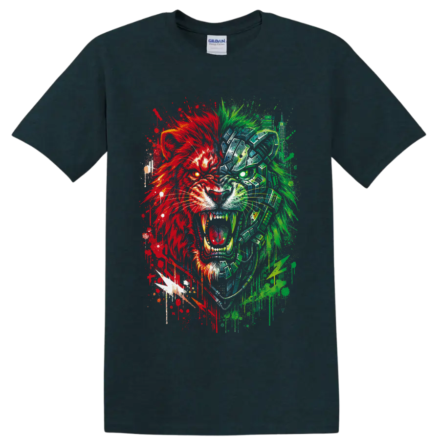 Roaring cyborg lion in red and green glitch graffiti art on a Midnight (Green) T Shirt