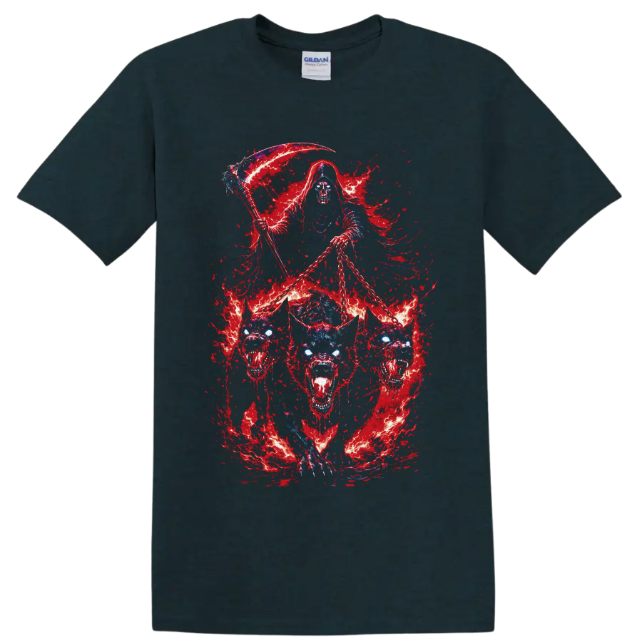 Grim reaper with scythe and chains above a fiery three-headed hellhound on a Midnight (Green) T Shirt