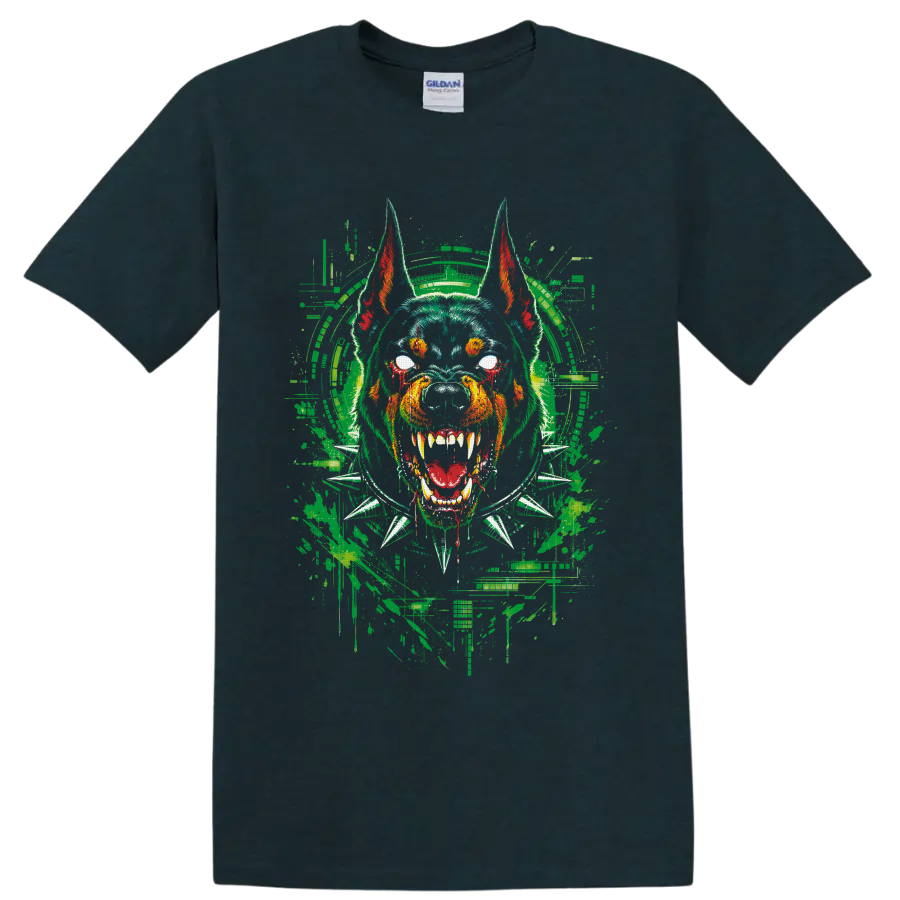Angry bulldog in headphones and spiked collar with distressed graffiti art on a Midnight (Green) T Shirt