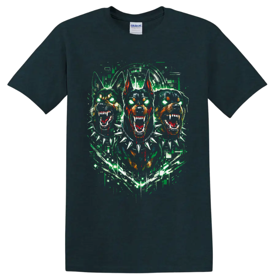 Three snarling Doberman-style dogs in distressed gothic horror street art on a Midnight (Green) T Shirt