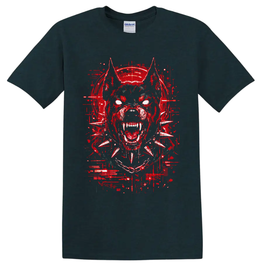 Snarling cyberpunk bulldog with white eyes, fangs, spiked collar, and red glitch art on a Midnight (Green) T Shirt
