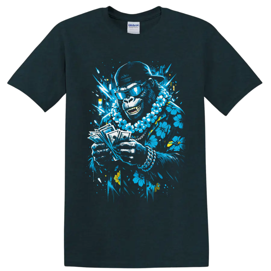 Tropical musician portrait with sunglasses, flower lei, playing cards, and paint splatters on a Midnight (Green) T Shirt
