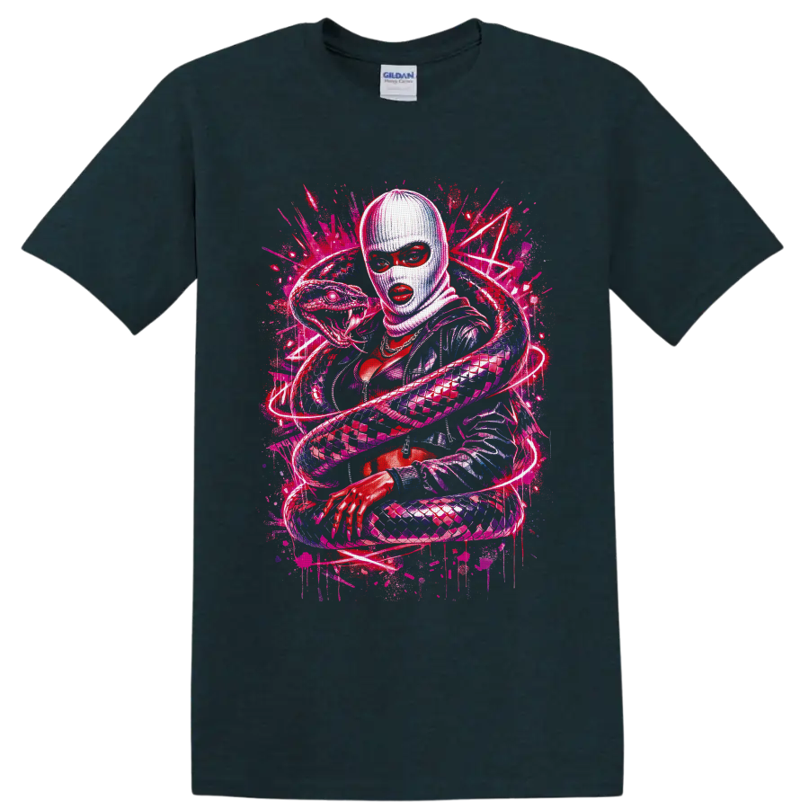 Neon graffiti illustration of a masked woman surrounded by a coiling fanged snake on a Midnight (Green) T Shirt